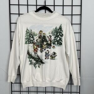 Vintage Nutcracker Christmas Sweatshirt Womens Medium‎ Ivory Cats Dogs Grandma